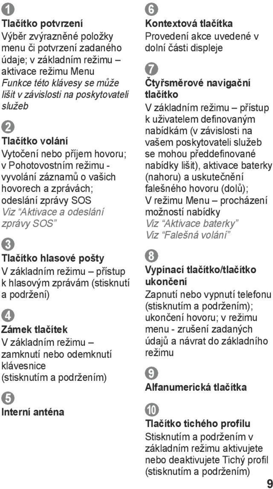 základním režimu přístup k hlasovým zprávám (stisknutí a podržení) 4 Zámek tlačítek V základním režimu zamknutí nebo odemknutí klávesnice (stisknutím a podržením) 5 Interní anténa 6 Kontextová