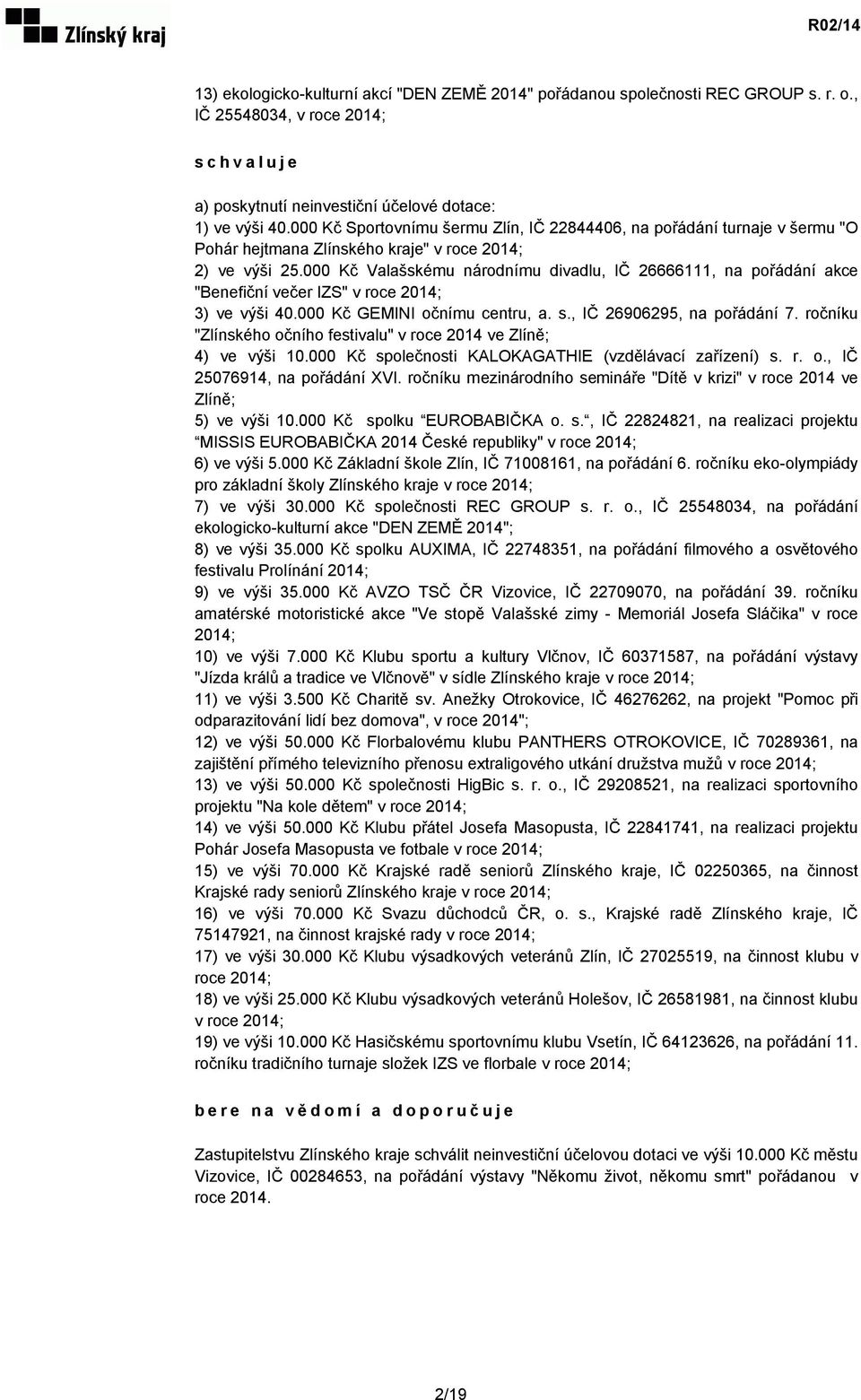 000 Kč Valašskému národnímu divadlu, IČ 26666111, na pořádání akce "Benefiční večer IZS" v roce 2014; 3) ve výši 40.000 Kč GEMINI očnímu centru, a. s., IČ 26906295, na pořádání 7.