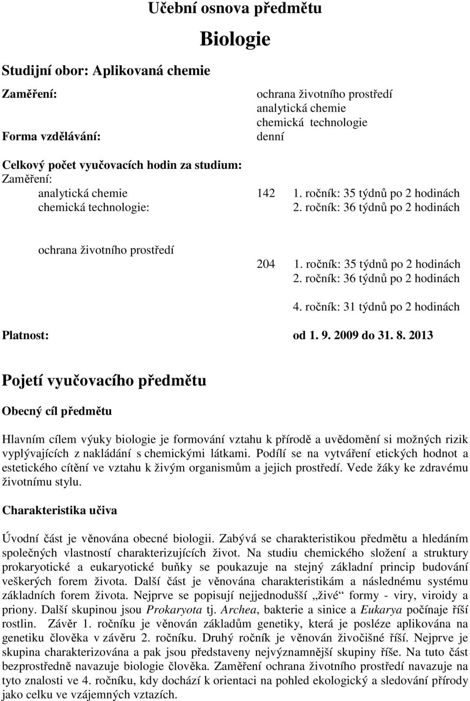 ročník: 31 týdnů po hodinách Platnost: od 1. 9. 009 do 31. 8.