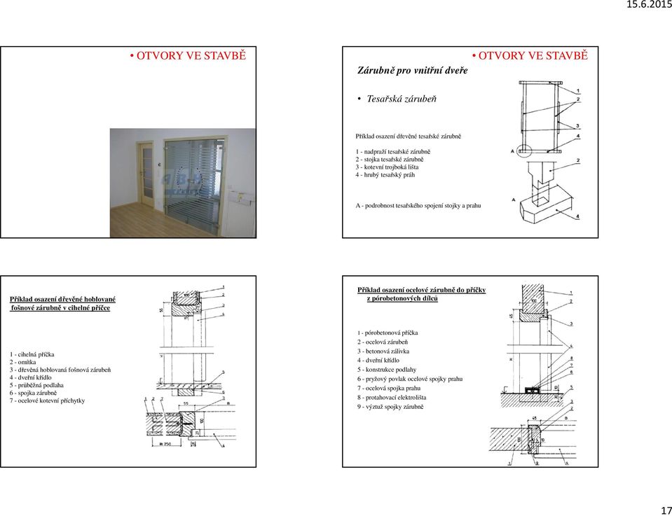 cihelná příčka 2 - omítka 3 - dřevěná hoblovaná fošnová zárubeň 4 - dveřní křídlo 5 - průběžná podlaha 6 - spojka zárubně 7 - ocelové kotevní příchytky 1 - pórobetonová příčka 2 - ocelová