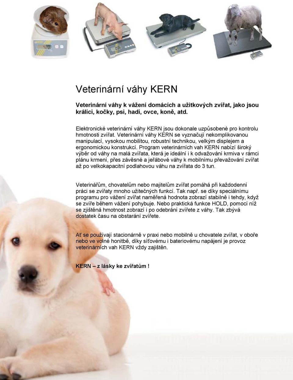 Veterinární váhy KERN se vyznačují nekomplikovanou manipulací, vysokou mobilitou, robustní technikou, velkým displejem a ergonomickou konstrukcí.