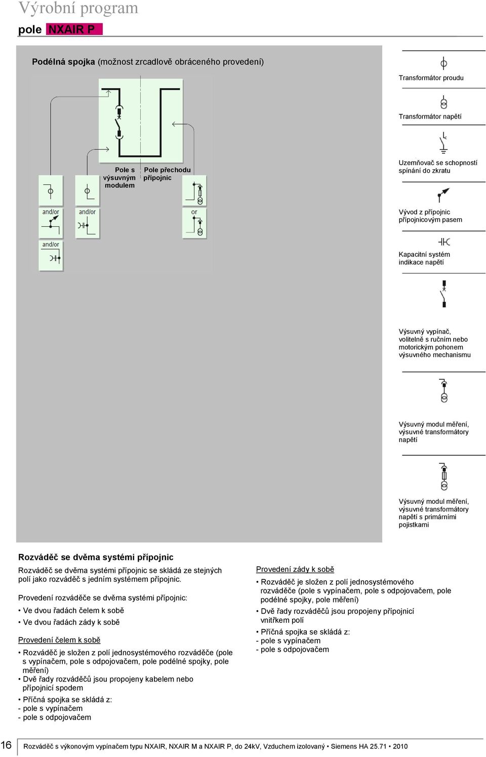 transformátory napětí Výsuvný modul měření, výsuvné transformátory napětí s primárními pojistkami Rozváděč se dvěma systémi přípojnic Rozváděč se dvěma systémi přípojnic se skládá ze stejných polí