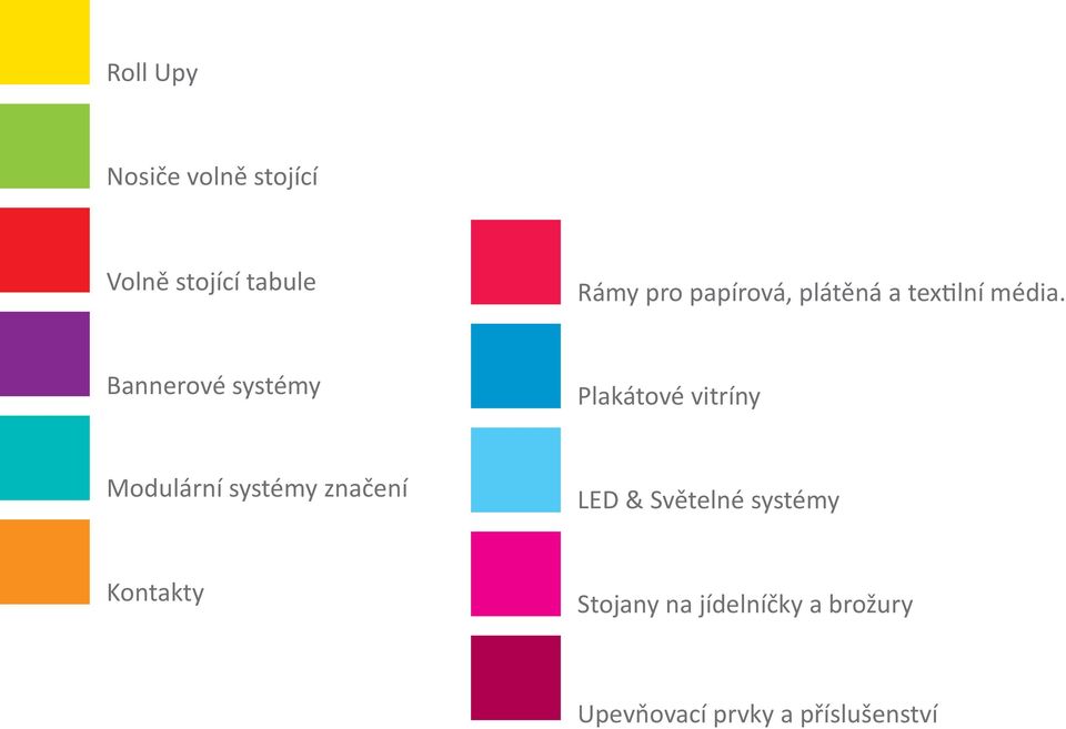 Bannerové systémy Plakátové vitríny Modulární systémy značení