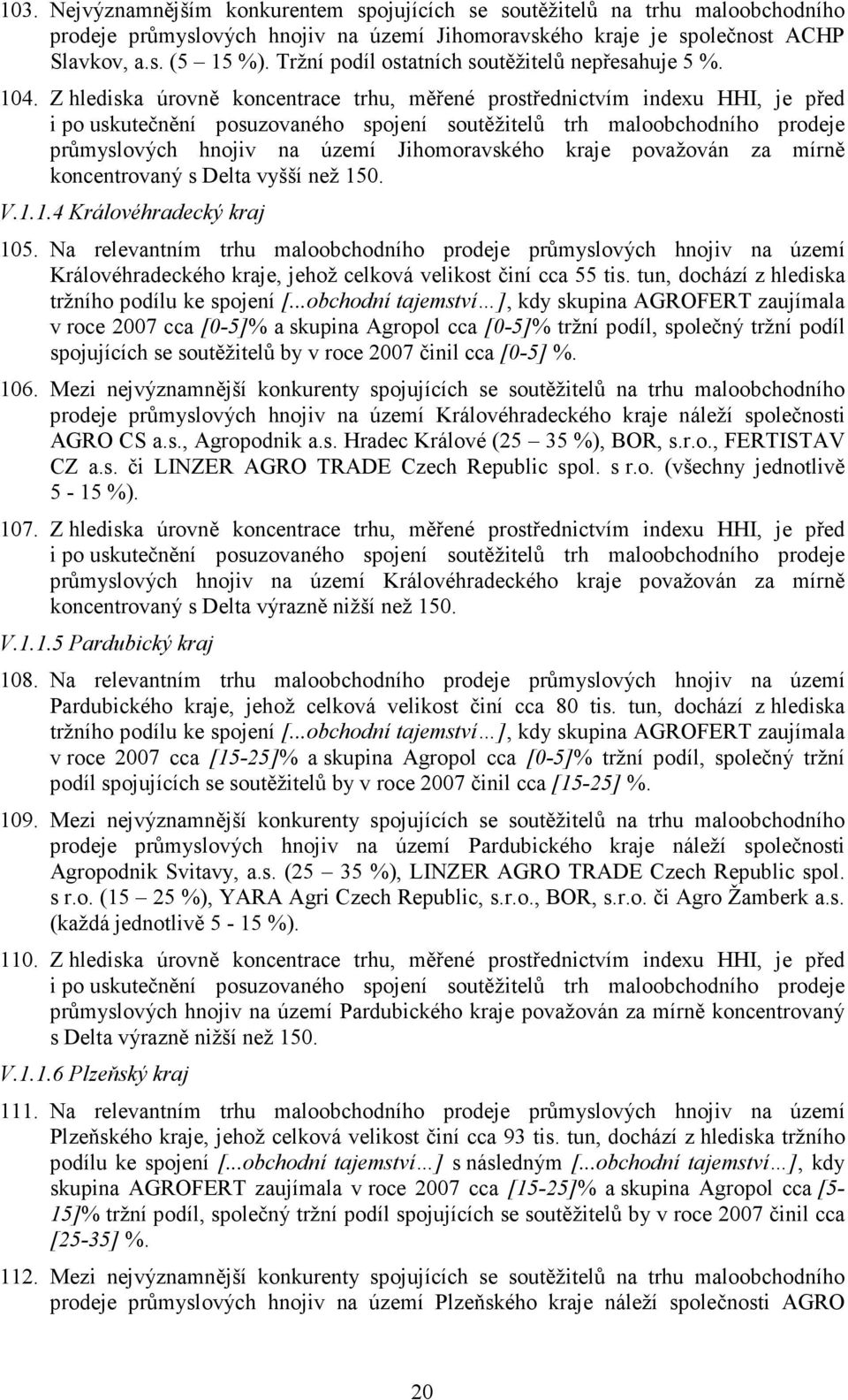 Z hlediska úrovně koncentrace trhu, měřené prostřednictvím indexu HHI, je před i po uskutečnění posuzovaného spojení soutěžitelů trh maloobchodního prodeje průmyslových hnojiv na území Jihomoravského