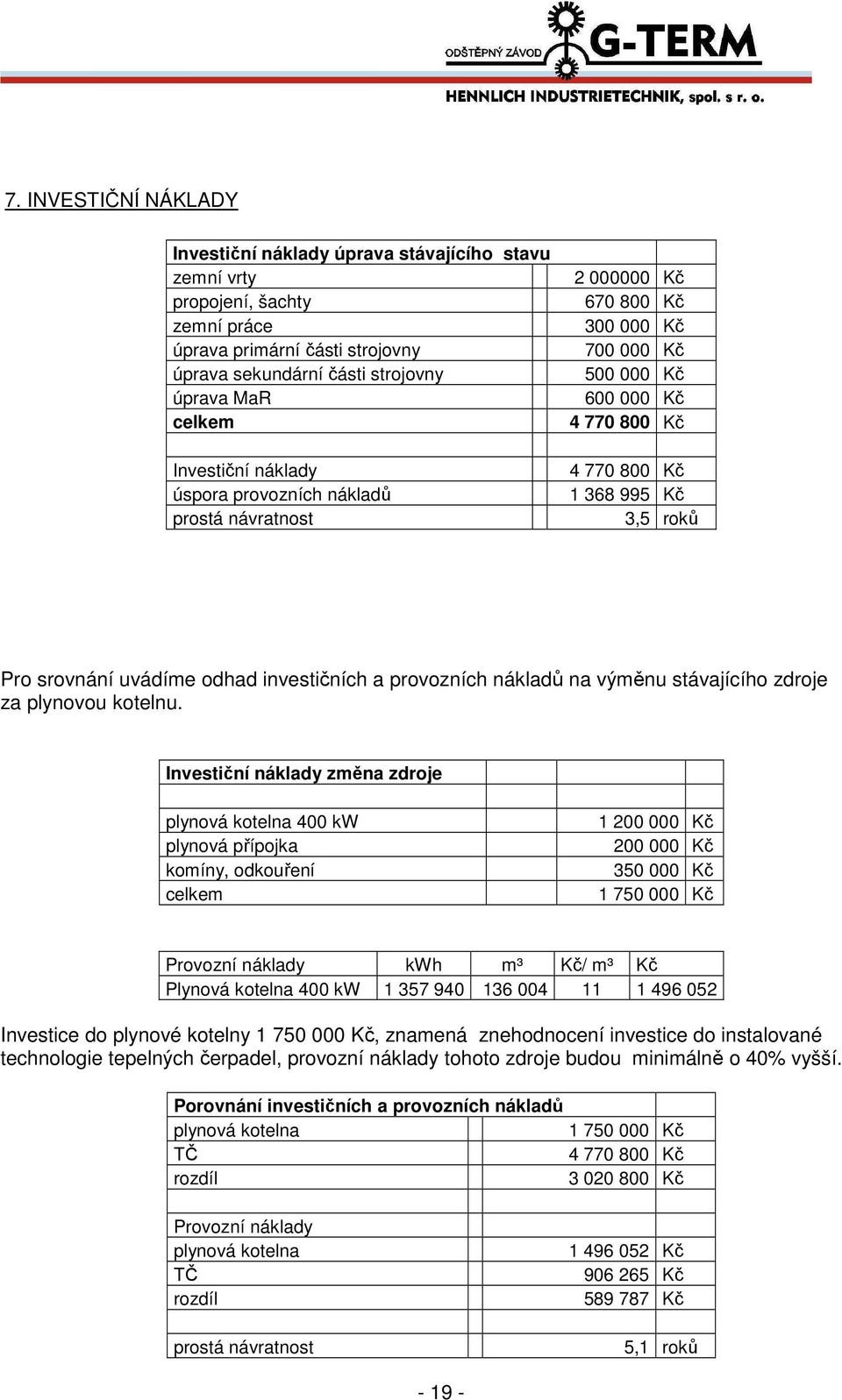 odhad investičních a provozních nákladů na výměnu stávajícího zdroje za plynovou kotelnu.