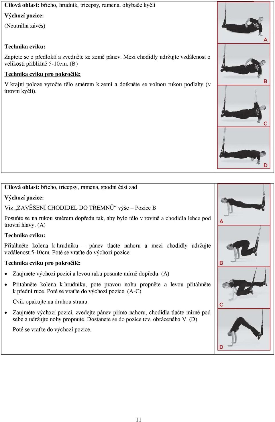 Cílová oblast: břicho, tricepsy, ramena, spodní část zad Viz ZAVĚŠENÍ CHODIDEL DO TŘEMNŮ výše Pozice B Posuňte se na rukou směrem dopředu tak, aby bylo tělo v rovině a chodidla lehce pod úrovní hlavy.
