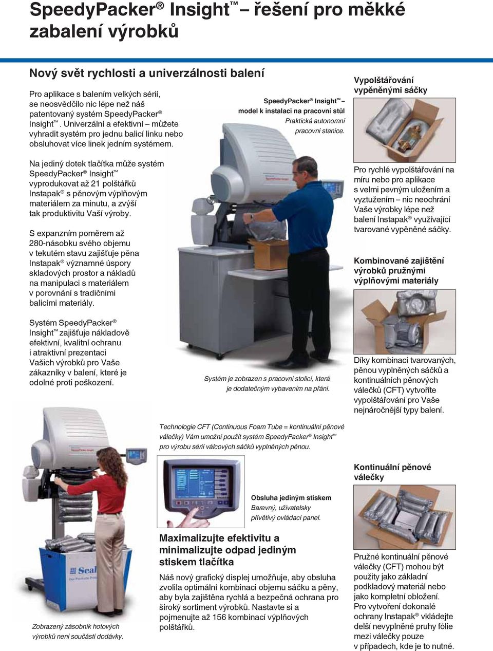 Na jediný dotek tlačítka může systém SpeedyPacker Insight vyprodukovat až 21 polštářků Instapak s pěnovým výplňovým materiálem za minutu, a zvýší tak produktivitu Vaší výroby.