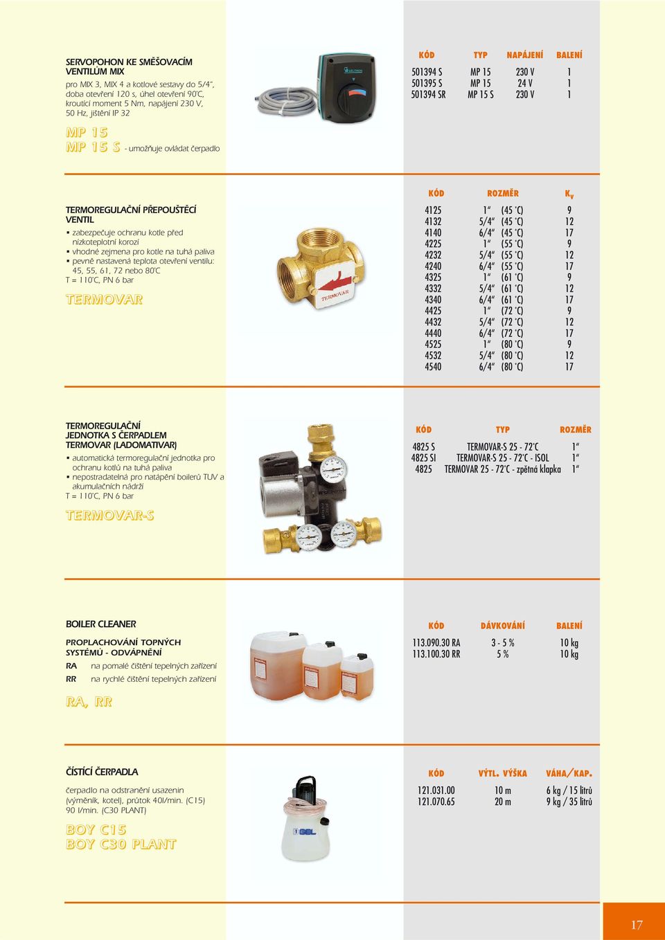pøed nízkoteplotní korozí vhodné zejmena pro kotle na tuhá paliva pevnì nastavená teplota otevøení ventilu: 45, 55, 61, 72 nebo 80 C T = 110 C, PN 6 bar TERMOVAR 4125 1 (45 C) 9 4132 5/4 (45 C) 12
