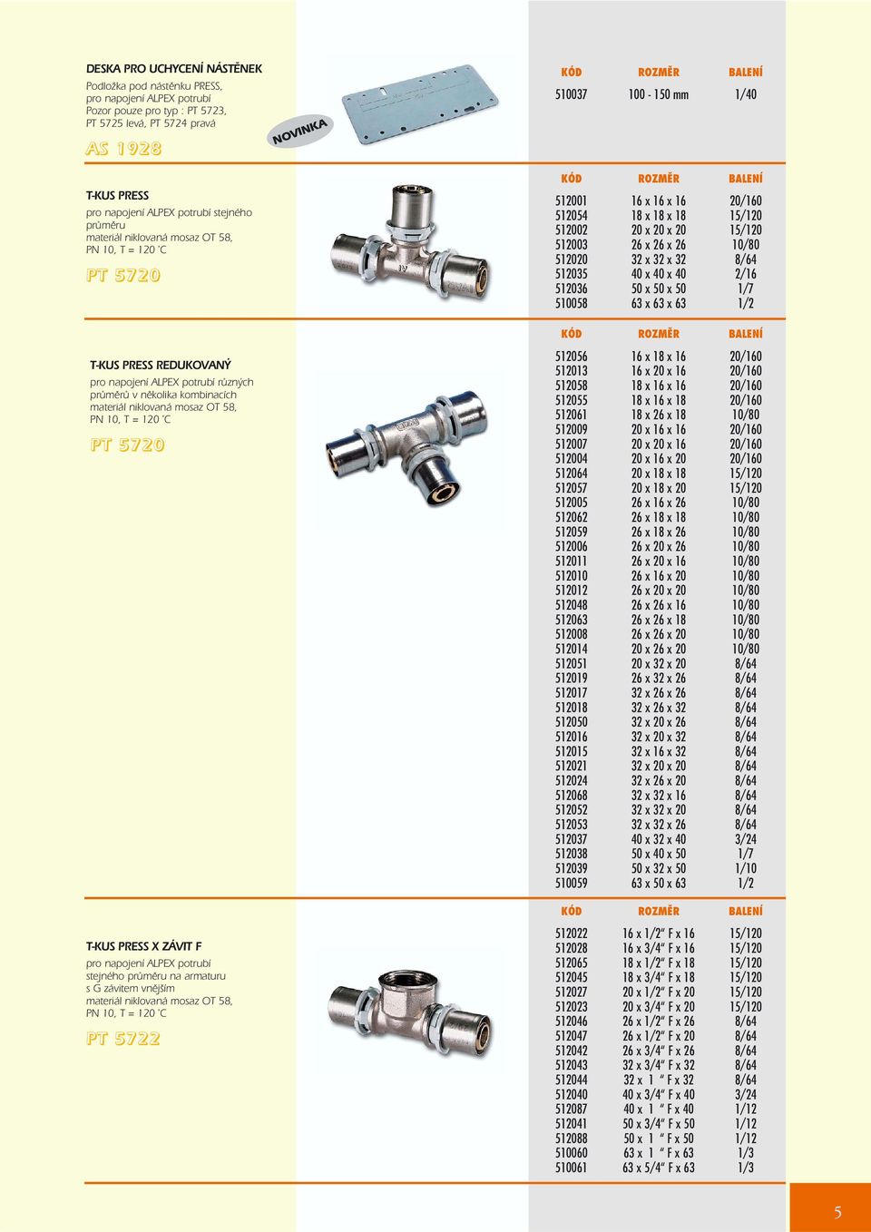 32 x 32 8/64 512035 40 x 40 x 40 2/16 512036 50 x 50 x 50 1/7 510058 63 x 63 x 63 1/2 T-KUS PRESS REDUKOVANÝ pro napojení ALPEX potrubí rùzných prùmìrù v nìkolika kombinacích materiál niklovaná mosaz