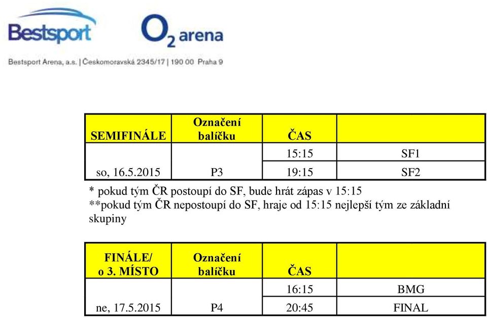 bude hrát zápas v 15:15 **pokud tým ČR nepostoupí do SF,
