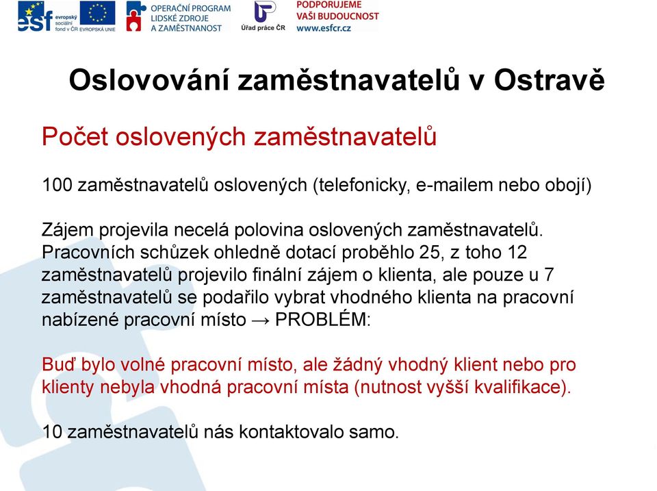 Pracovních schůzek ohledně dotací proběhlo 25, z toho 12 zaměstnavatelů projevilo finální zájem o klienta, ale pouze u 7 zaměstnavatelů se