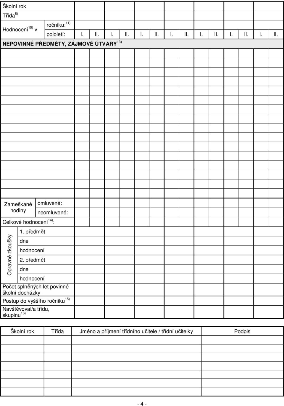 NEPOVINNÉ PŘEDMĚTY, ZÁJMOVÉ ÚTVARY 13) Zameškané hodiny omluvené: neomluvené: Celkové hodnocení 14) : Opravné