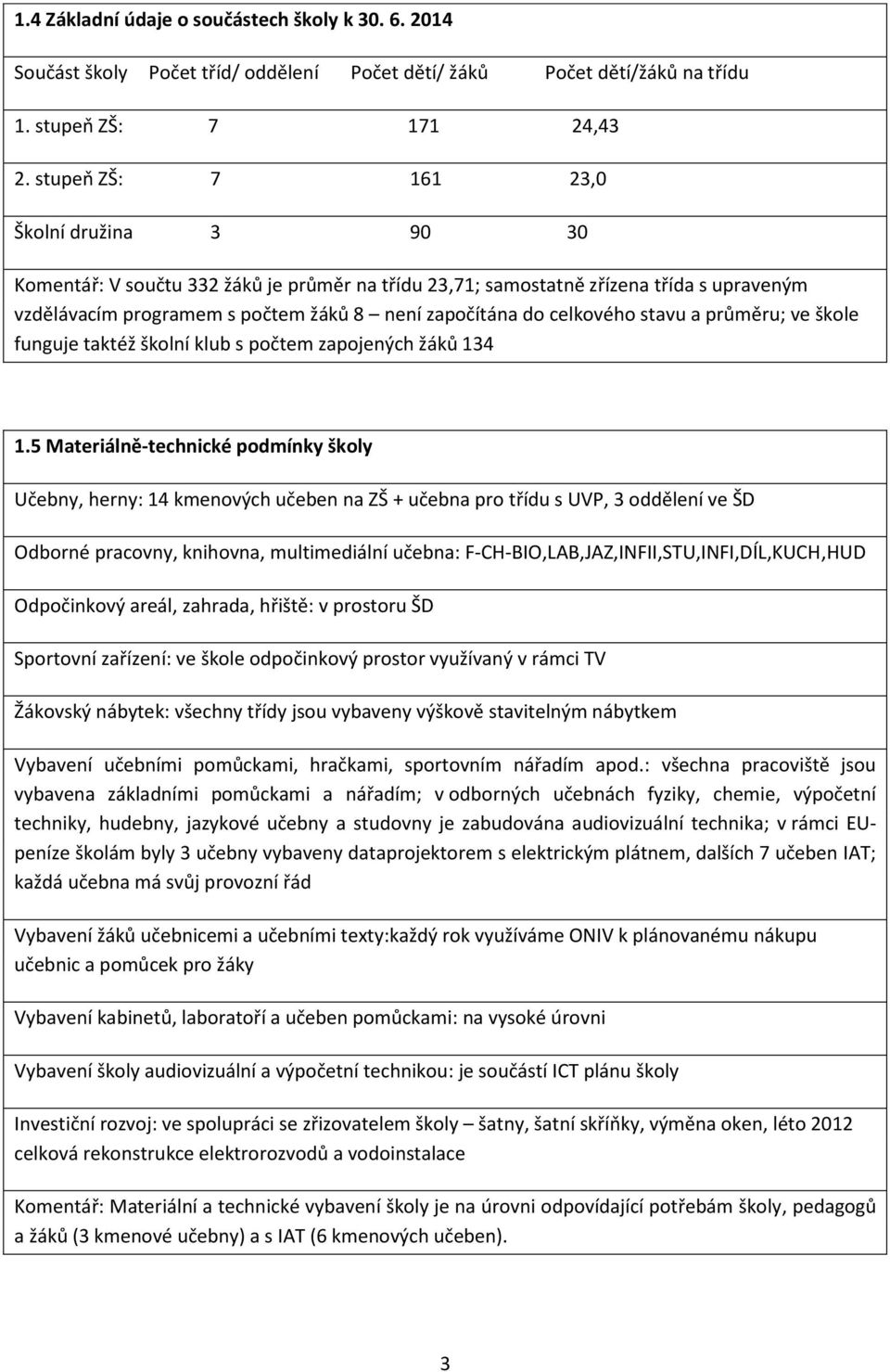 celkového stavu a průměru; ve škole funguje taktéž školní klub s počtem zapojených žáků 134 1.