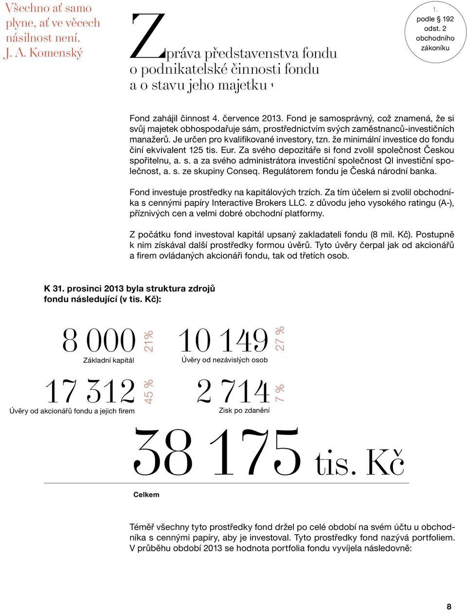 Je určen pro kvalifikované investory, tzn. že minimální investice do fondu činí ekvivalent 125 tis. Eur. Za svého depozitáře si fond zvolil společnost Českou spořitelnu, a. s. a za svého administrátora investiční společnost QI investiční společnost, a.