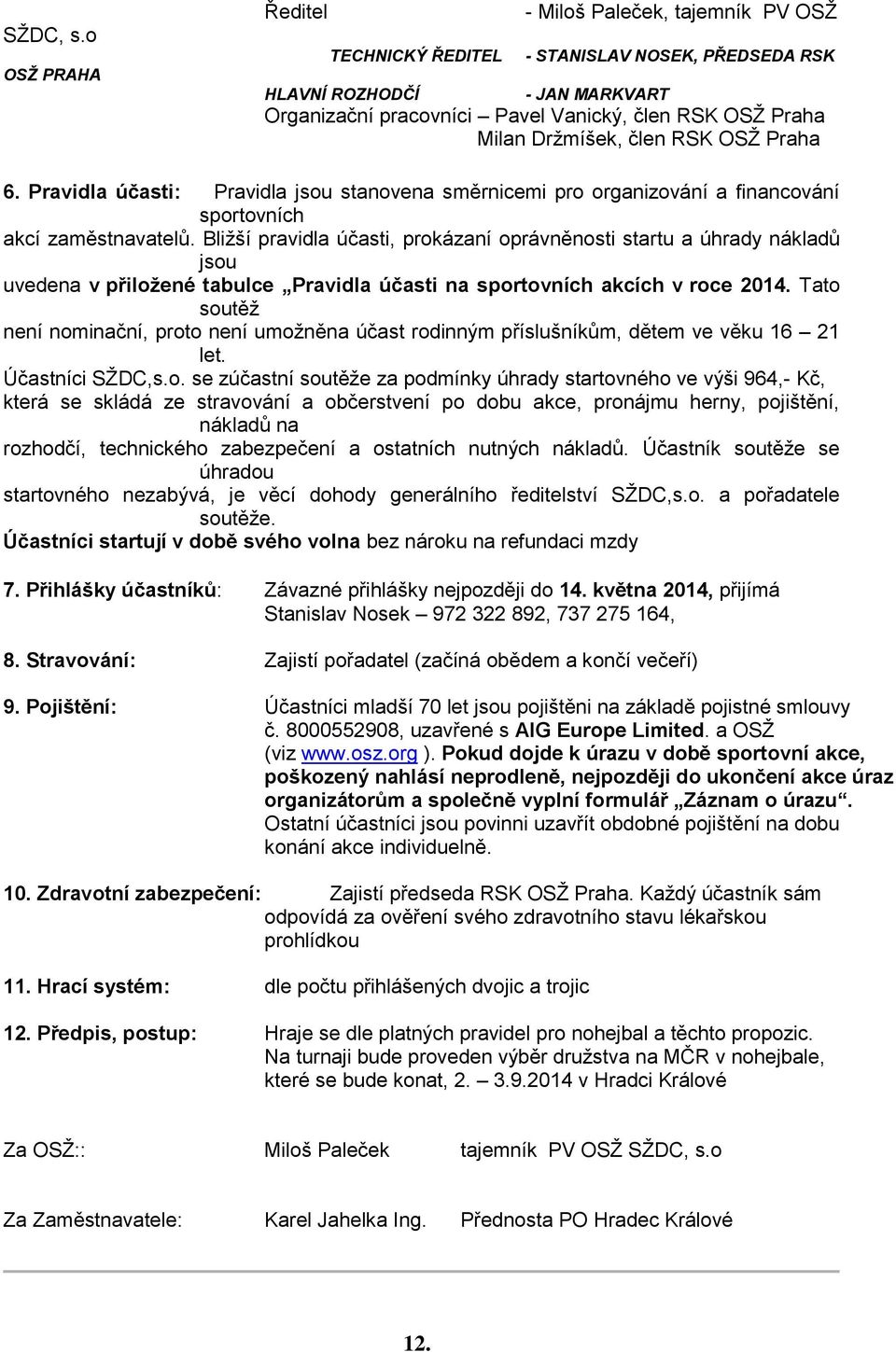 Držmíšek, člen RSK OSŽ Praha 6. Pravidla účasti: Pravidla jsou stanovena směrnicemi pro organizování a financování sportovních akcí zaměstnavatelů.