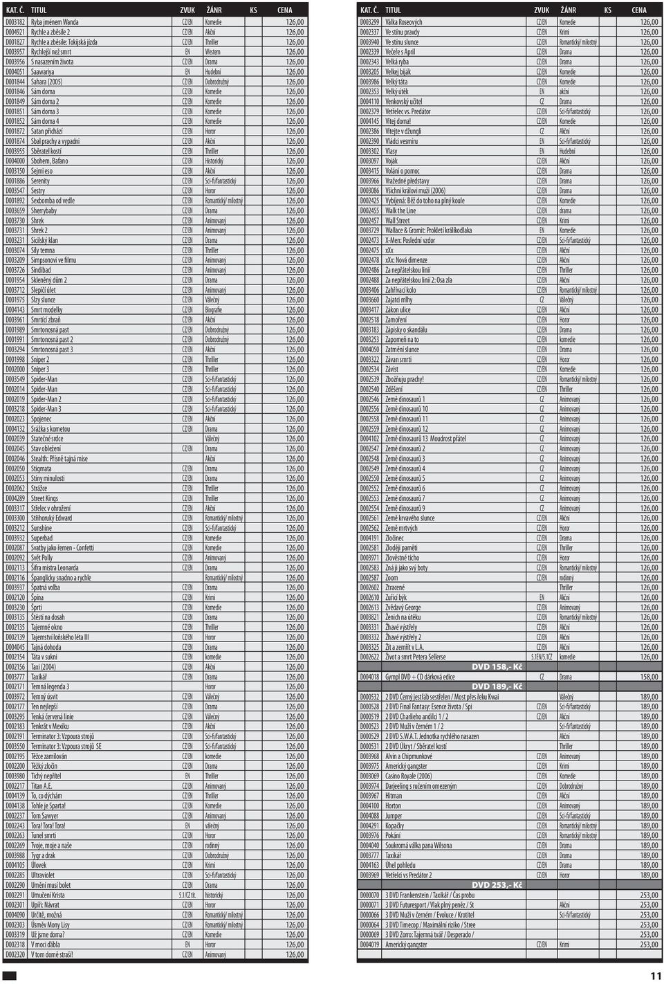 Komedie 126,00 D001851 Sám doma 3 CZ/EN Komedie 126,00 D001852 Sám doma 4 CZ/EN Komedie 126,00 D001872 Satan přichází CZ/EN Horor 126,00 D001874 Sbal prachy a vypadni CZ/EN Akční 126,00 D003955