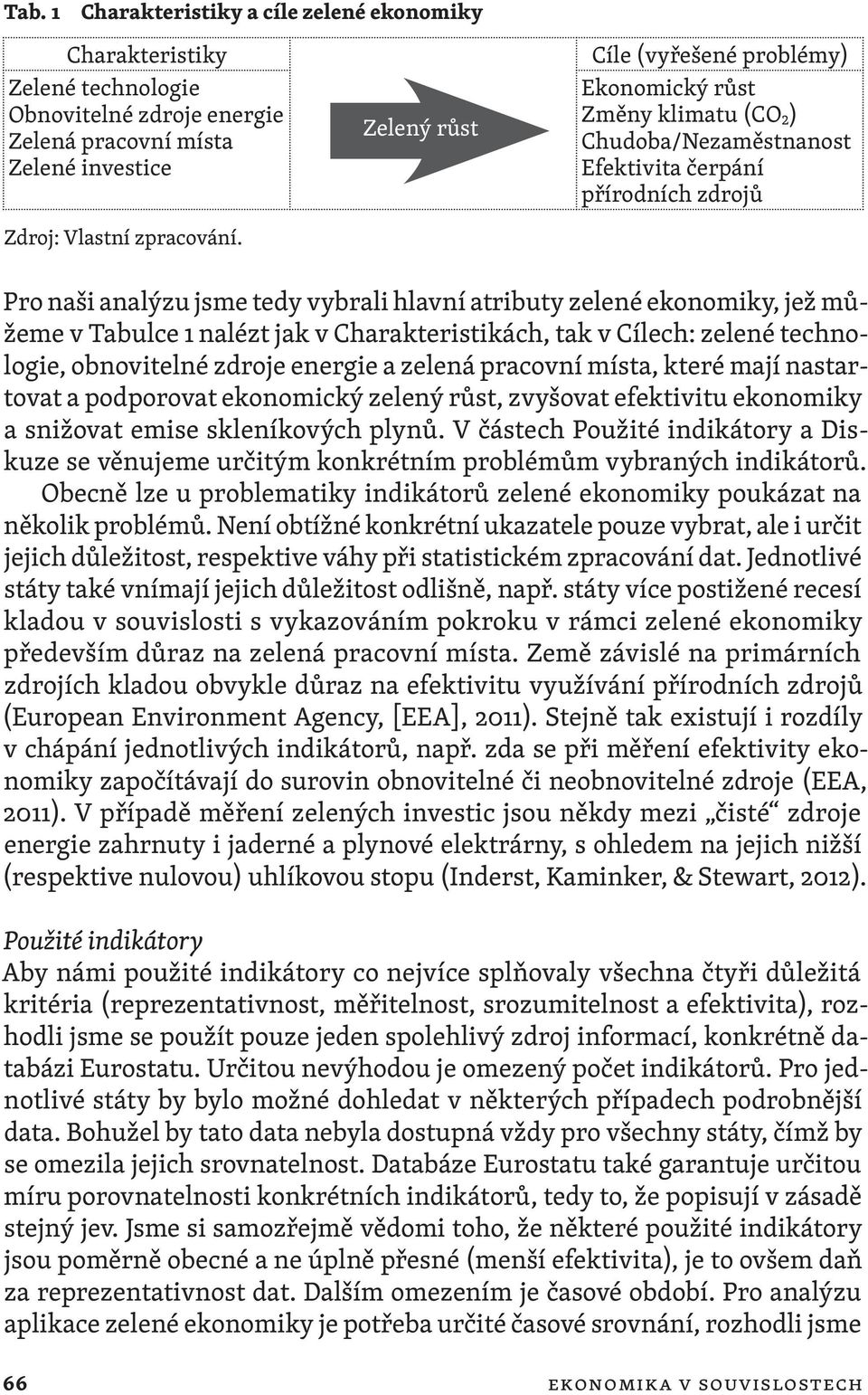 ekonomiky, jež můžeme v Tabulce 1 nalézt jak v Charakteristikách, tak v Cílech: zelené technologie, obnovitelné zdroje energie a zelená pracovní místa, které mají nastartovat a podporovat ekonomický