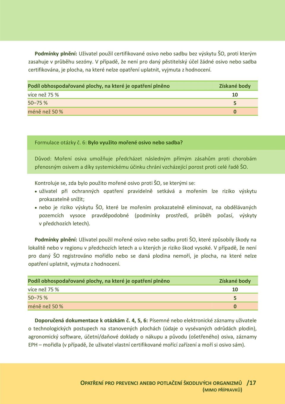 Podíl obhospodařované plochy, na které je opatření plněno Získané body více než 75 % 10 50 75 % 5 méně než 50 % 0 Formulace otázky č. 6: Bylo využito mořené osivo nebo sadba?