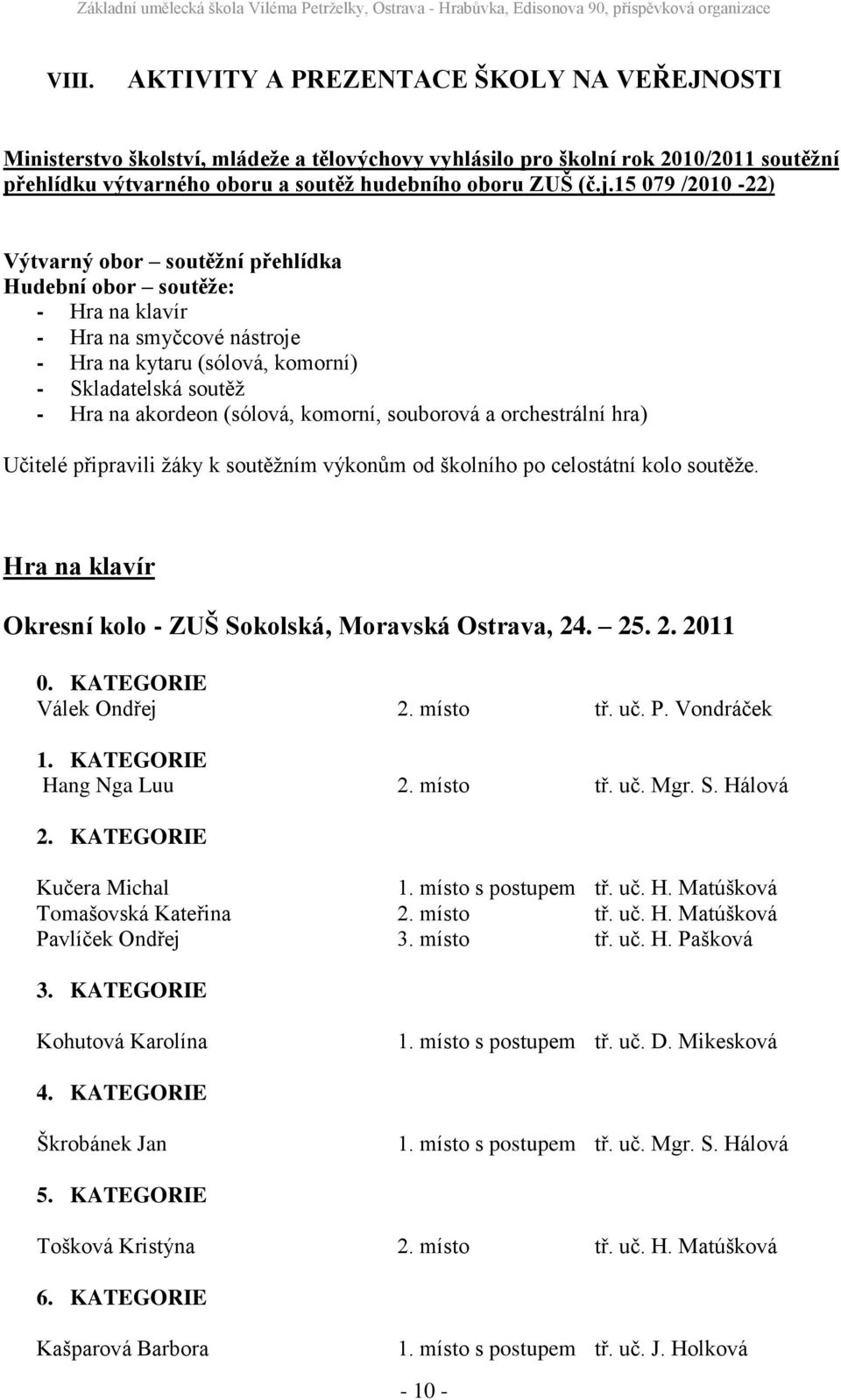 komorní, souborová a orchestrální hra) Učitelé připravili ţáky k soutěţním výkonům od školního po celostátní kolo soutěţe. Hra na klavír Okresní kolo - ZUŠ Sokolská, Moravská Ostrava, 24. 25. 2. 2011 0.