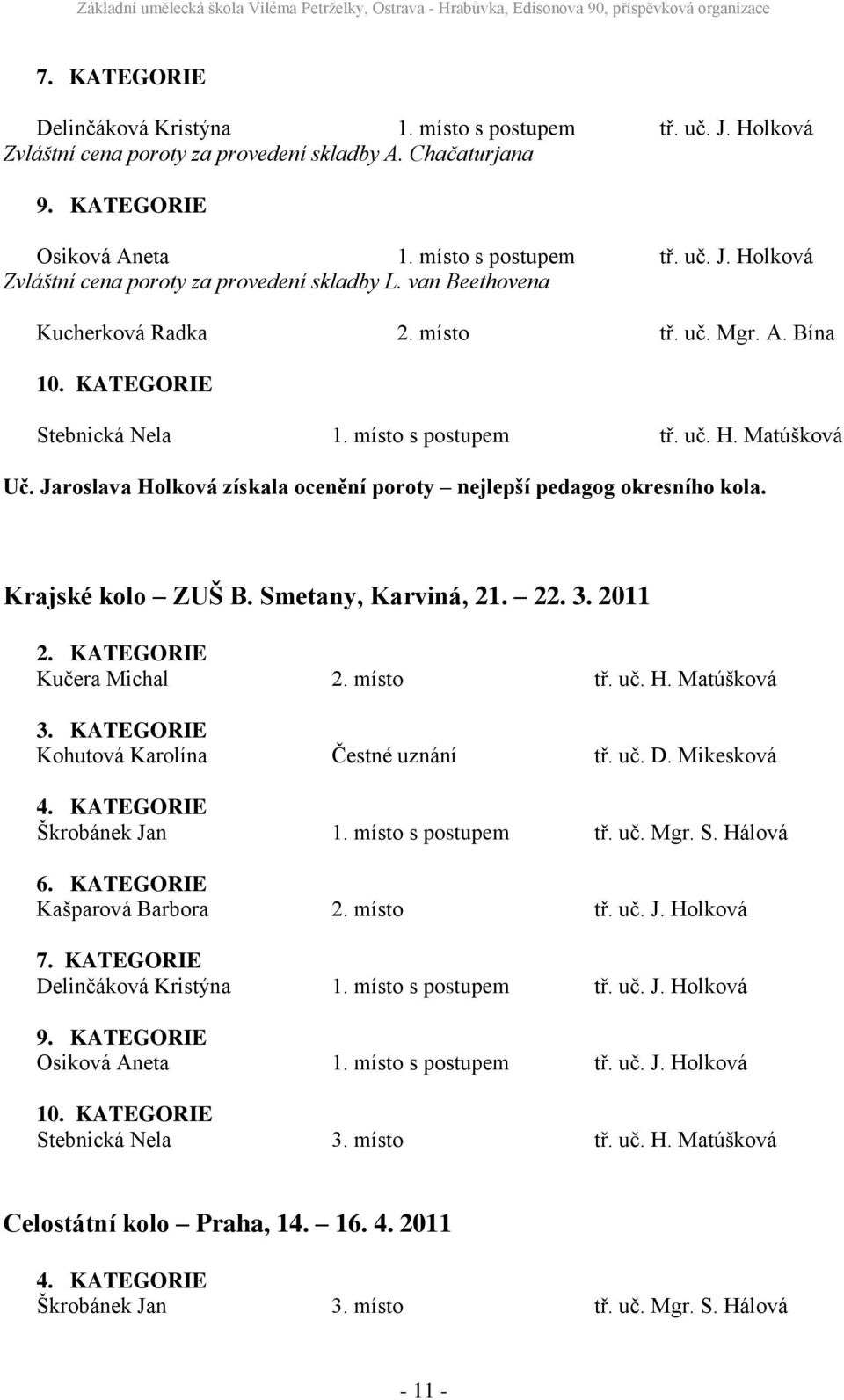 Jaroslava Holková získala ocenění poroty nejlepší pedagog okresního kola. Krajské kolo ZUŠ B. Smetany, Karviná, 21. 22. 3. 2011 2. KATEGORIE Kučera Michal 2. místo tř. uč. H. Matúšková 3.