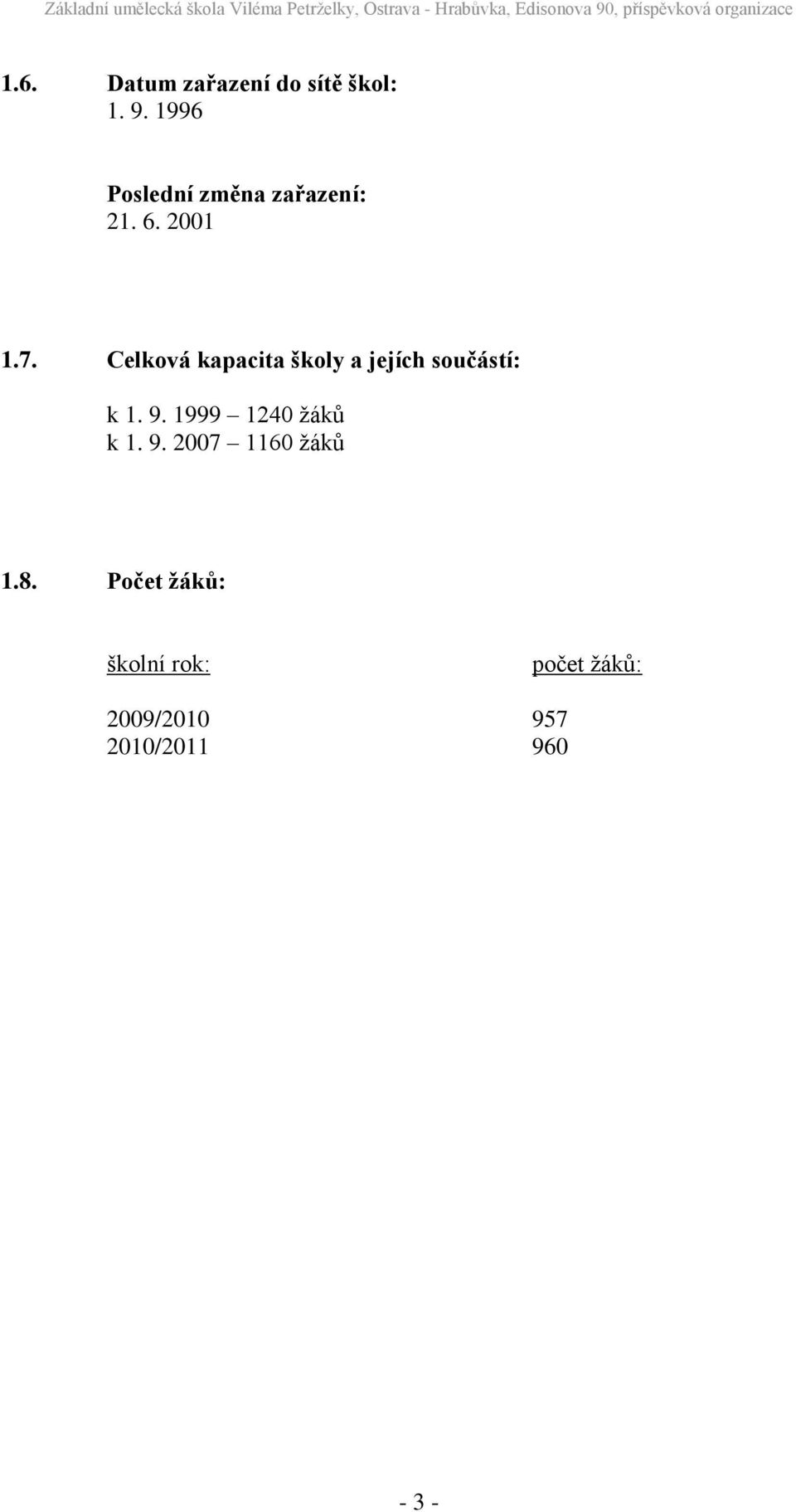 Celková kapacita školy a jejích součástí: k 1. 9.
