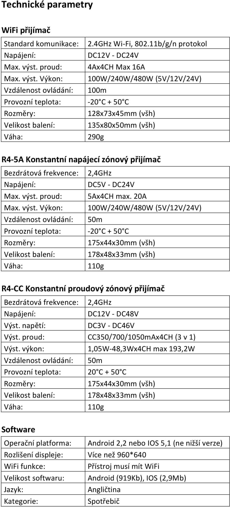 Napájení: Max. výst. proud: Max. výst. Výkon: Vzdálenost ovládání: Provozní teplota: Rozměry: Velikost balení: Váha: 2,4GHz DC5V - DC24V 5Ax4CH max.