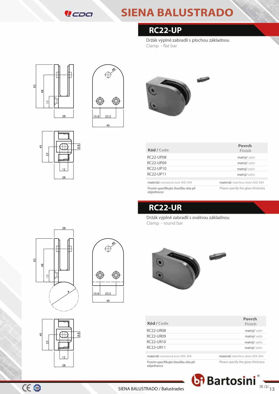 RC22-UR Držák výplně zabradlí s oválnou základnou Clamp - round bar RC22-UR08 RC22-UR09 RC22-UR10 RC22-UR11 materiál: nerezová ocel