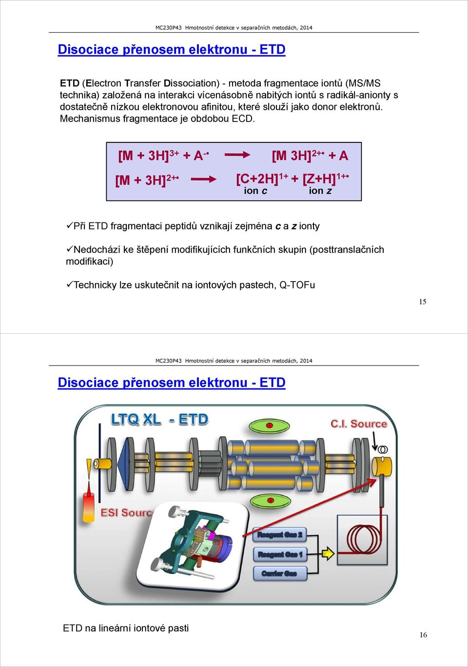 [M + 3H] 3+ + A - [M 3H] 2+ + A [M + 3H] 2+ [C+2H] 1+ + [Z+H] 1+ ion c ion z Při ETD fragmentaci peptidů vznikají zejména c a z ionty Nedochází ke štěpení