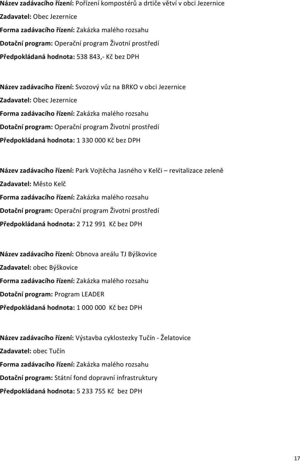 Dotačníprogram:OperačníprogramŽivotníprostředí Předpokládanáhodnota:1330000KčbezDPH Názevzadávacíhořízení:ParkVojtěchaJasnéhovKelči revitalizacezeleně Zadavatel:MěstoKelč