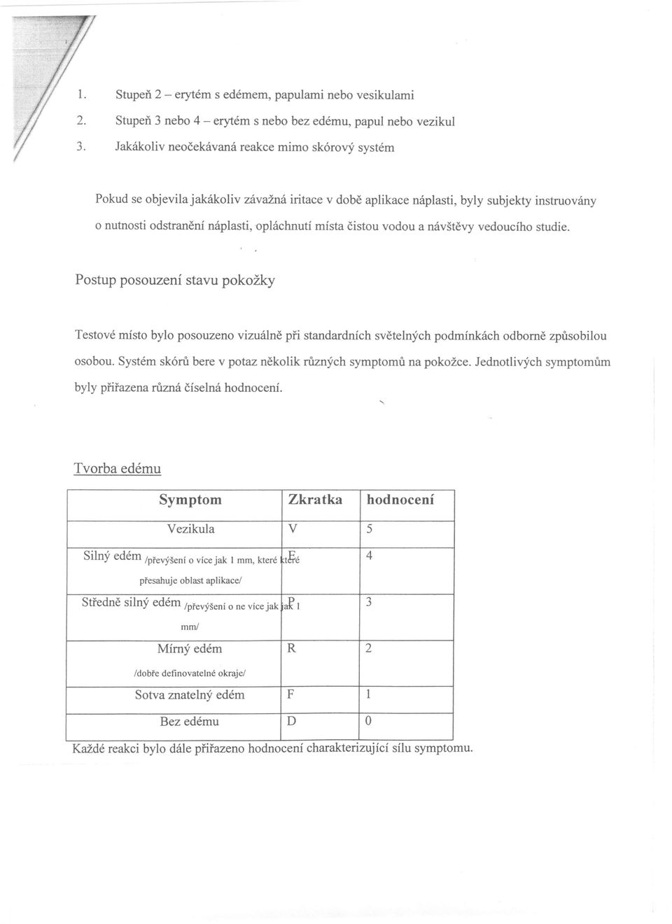 Postup posouzení stavu pokožky Testové místo bylo posouzeno vizuálně při standardních světelných podmínkách odborně způsobilou osobou. Systém skórů bere v potaz několik různých symptomů na pokožce.