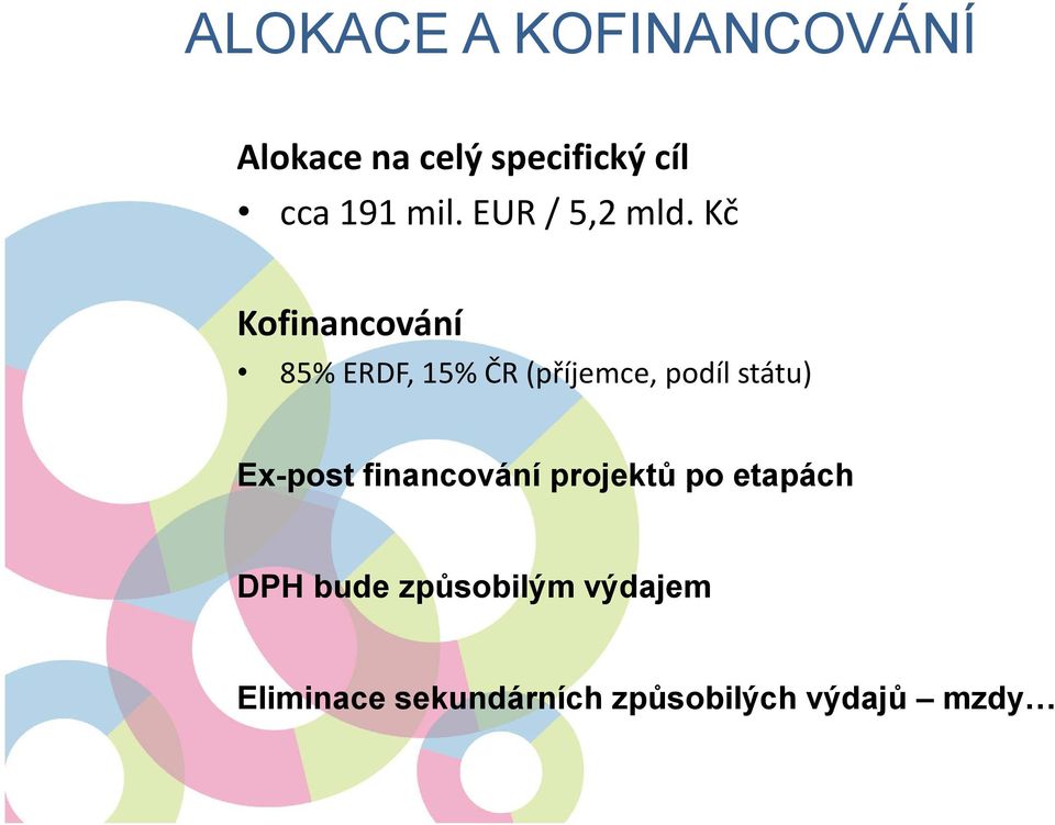 Kč Kofinancování 85% ERDF, 15% ČR (příjemce, podíl státu)