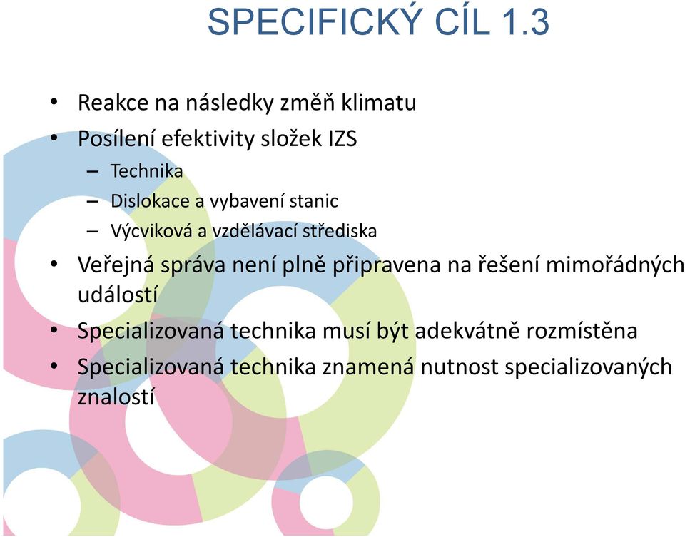 a vybavení stanic Výcviková a vzdělávací střediska Veřejná správa není plně