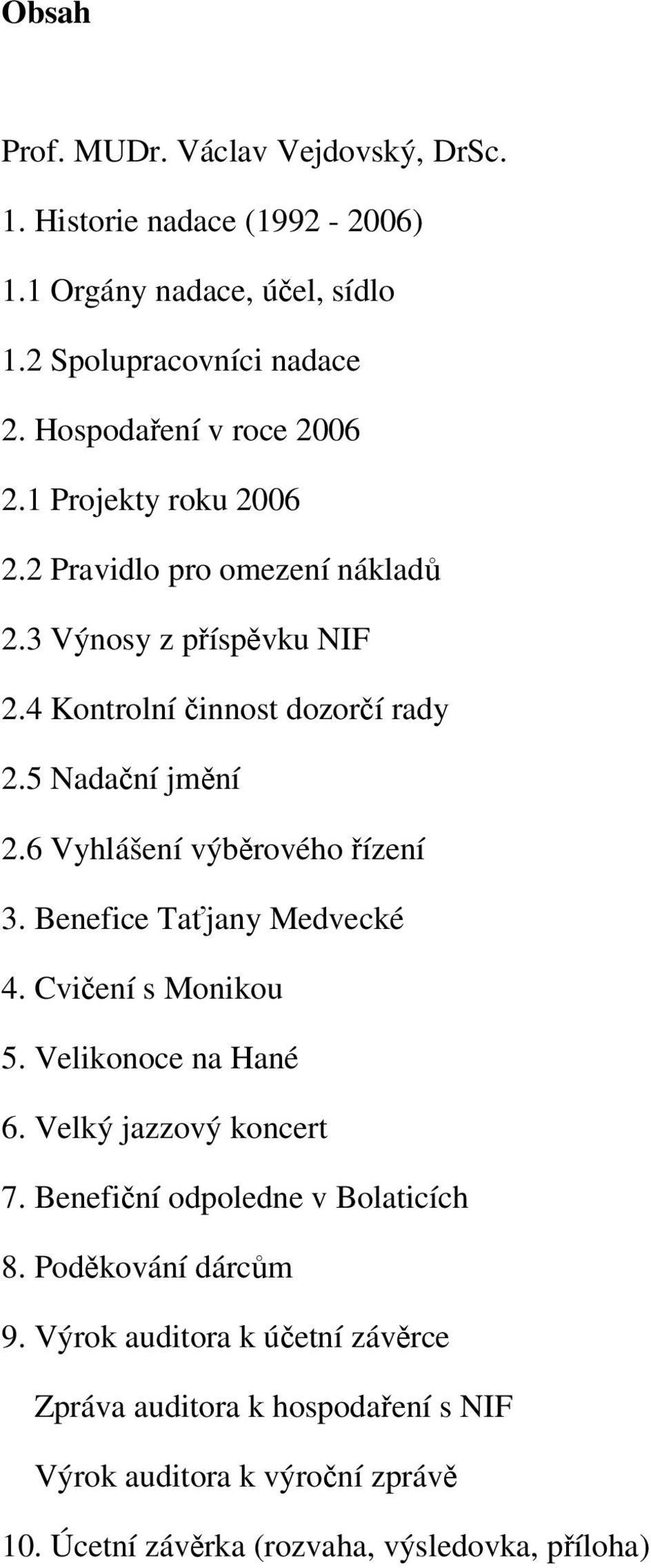 5 Nadační jmění 2.6 Vyhlášení výběrového řízení 3. Benefice Taťjany Medvecké 4. Cvičení s Monikou 5. Velikonoce na Hané 6. Velký jazzový koncert 7.