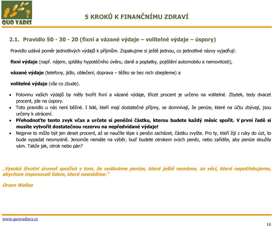 nájem, splátky hypotéčního úvěru, daně a poplatky, pojištění automobilu a nemovitosti), vázané výdaje (telefony, jídlo, oblečení, doprava těţko se bez nich obejdeme) a volitelné výdaje (vše co zbude).