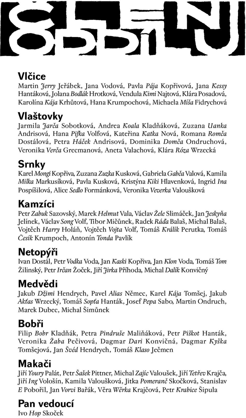 Domča Ondruchová, Veronika Verča Grecmanová, Aneta Valachová, Klára Róza Wrzecká Srnky Karel Mongi Kopřiva, Zuzana Zuzka Kusková, Gabriela Gabča Valová, Kamila Milka Markusíková, Pavla Kusková,