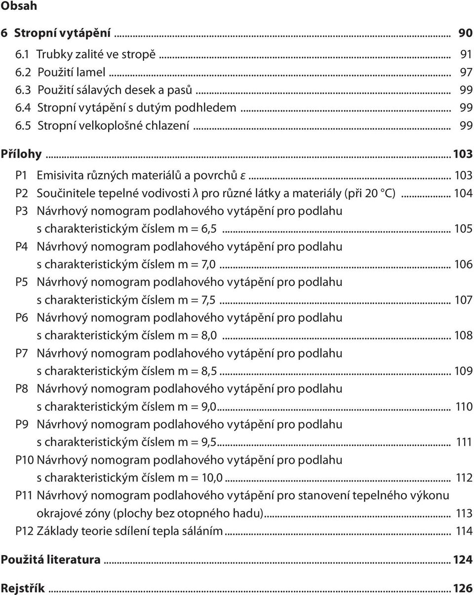 .. 104 P3 Návrhový nomogram podlahového vytápění pro podlahu s charakteristickým číslem m = 6,5... 105 P4 Návrhový nomogram podlahového vytápění pro podlahu s charakteristickým číslem m = 7,0.