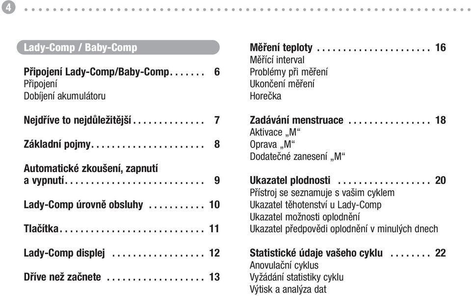 ..................... 16 Měřící interval Problémy při měření Ukončení měření Horečka Zadávání menstruace................ 18 Aktivace M Oprava M Dodatečné zanesení M Ukazatel plodnosti.