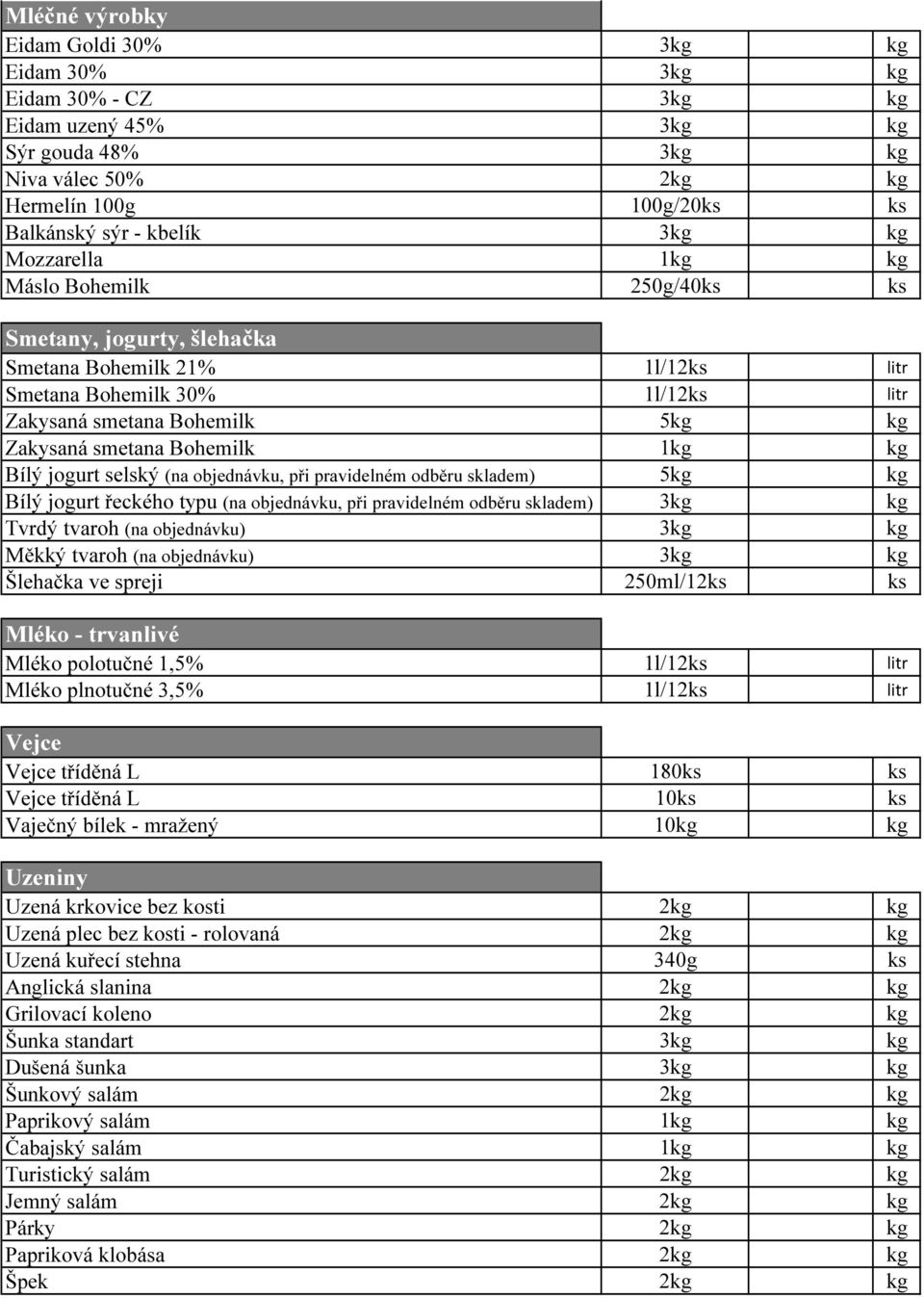 pravidelném odběru skladem) Tvrdý tvaroh (na objednávku) Měkký tvaroh (na objednávku) Šlehačka ve spreji Mléko - trvanlivé Mléko polotučné 1,5% Mléko plnotučné 3,5% Vejce Vejce tříděná L Vejce