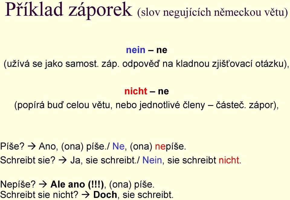 odpověď na kladnou zjišťovací otázku), nicht ne (popírá buď celou větu, nebo jednotlivé