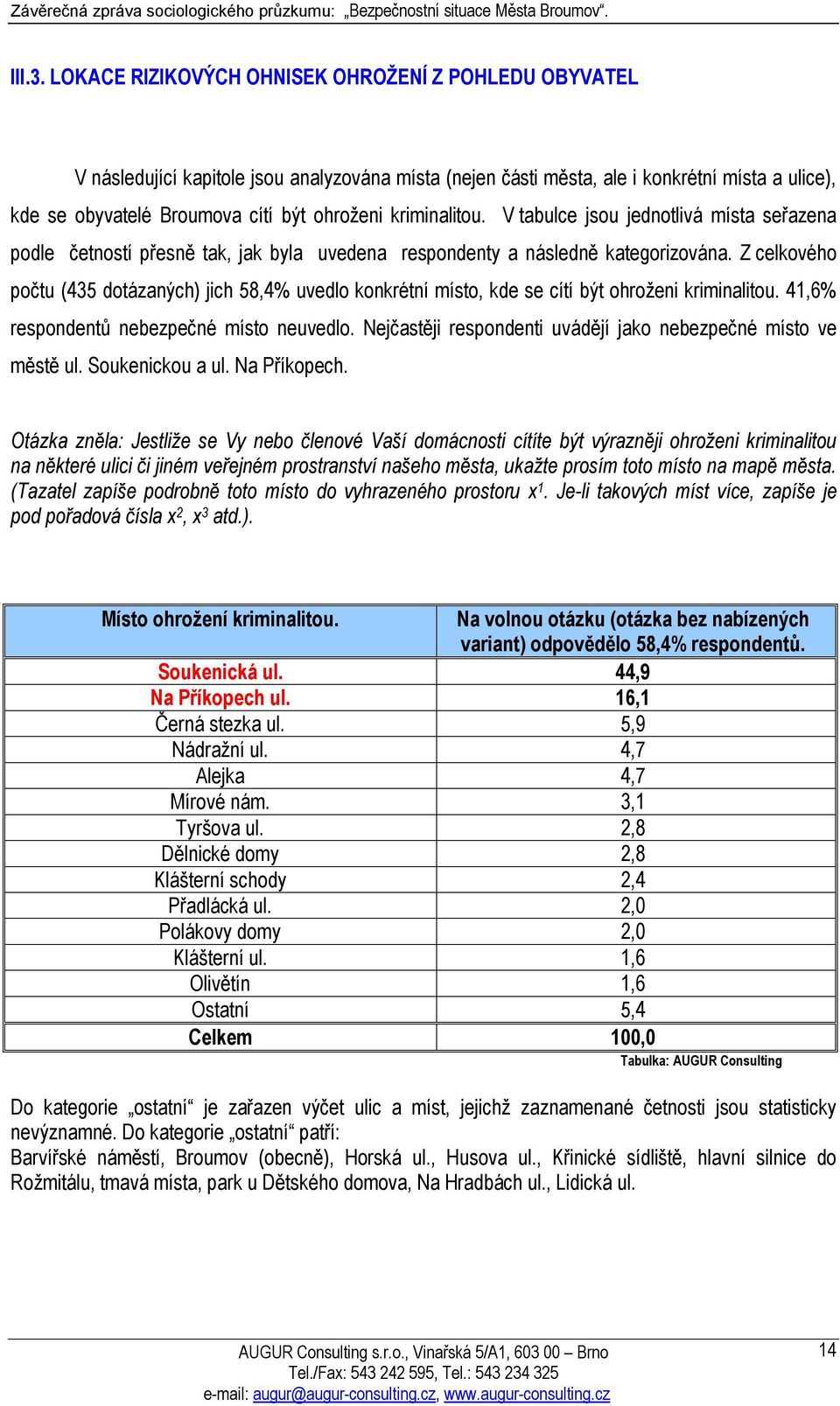 kriminalitou. V tabulce jsou jednotlivá místa seřazena podle četností přesně tak, jak byla uvedena respondenty a následně kategorizována.