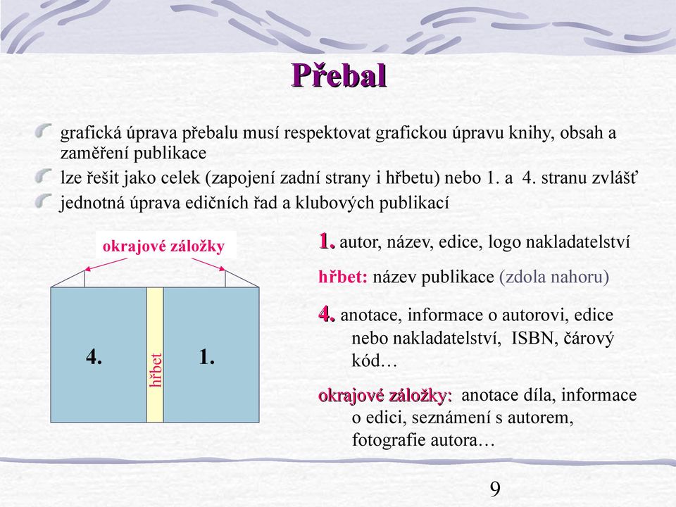 autor, název, edice, logo nakladatelství hřbet 1. hřbet: název publikace (zdola nahoru) 4.