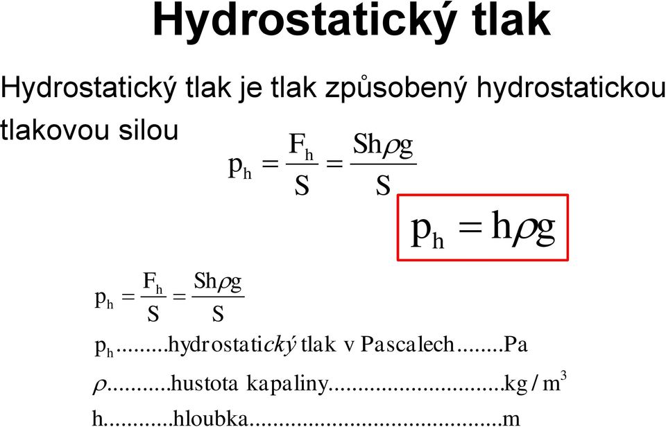 S Fh Shg S S... hydrostatický tlak h Shg S p h h h.