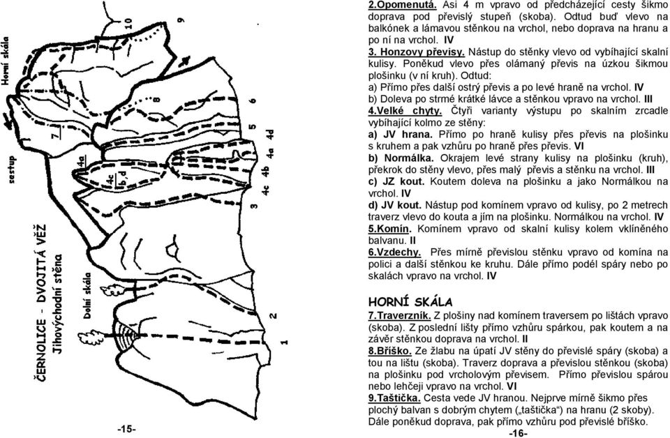 Odtud: a) Přímo přes další ostrý převis a po levé hraně na vrchol. IV b) Doleva po strmé krátké lávce a stěnkou vpravo na vrchol. III 4.Velké chyty.