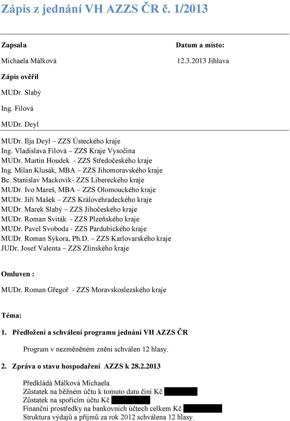 Ivo Mareš, MBA ZZS Olomouckého kraje MUDr. Jiří Mašek ZZS Královéhradeckého kraje MUDr. Marek Slabý ZZS Jihočeského kraje MUDr. Roman Sviták - ZZS Plzeňského kraje MUDr.