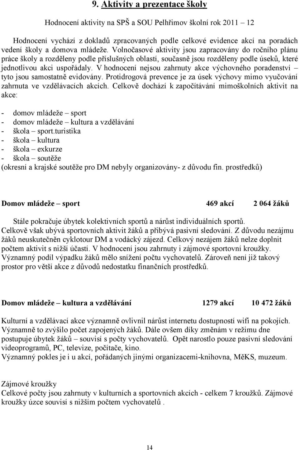 V hodnocení nejsou zahrnuty akce výchovného poradenství tyto jsou samostatně evidovány. Protidrogová prevence je za úsek výchovy mimo vyučování zahrnuta ve vzdělávacích akcích.