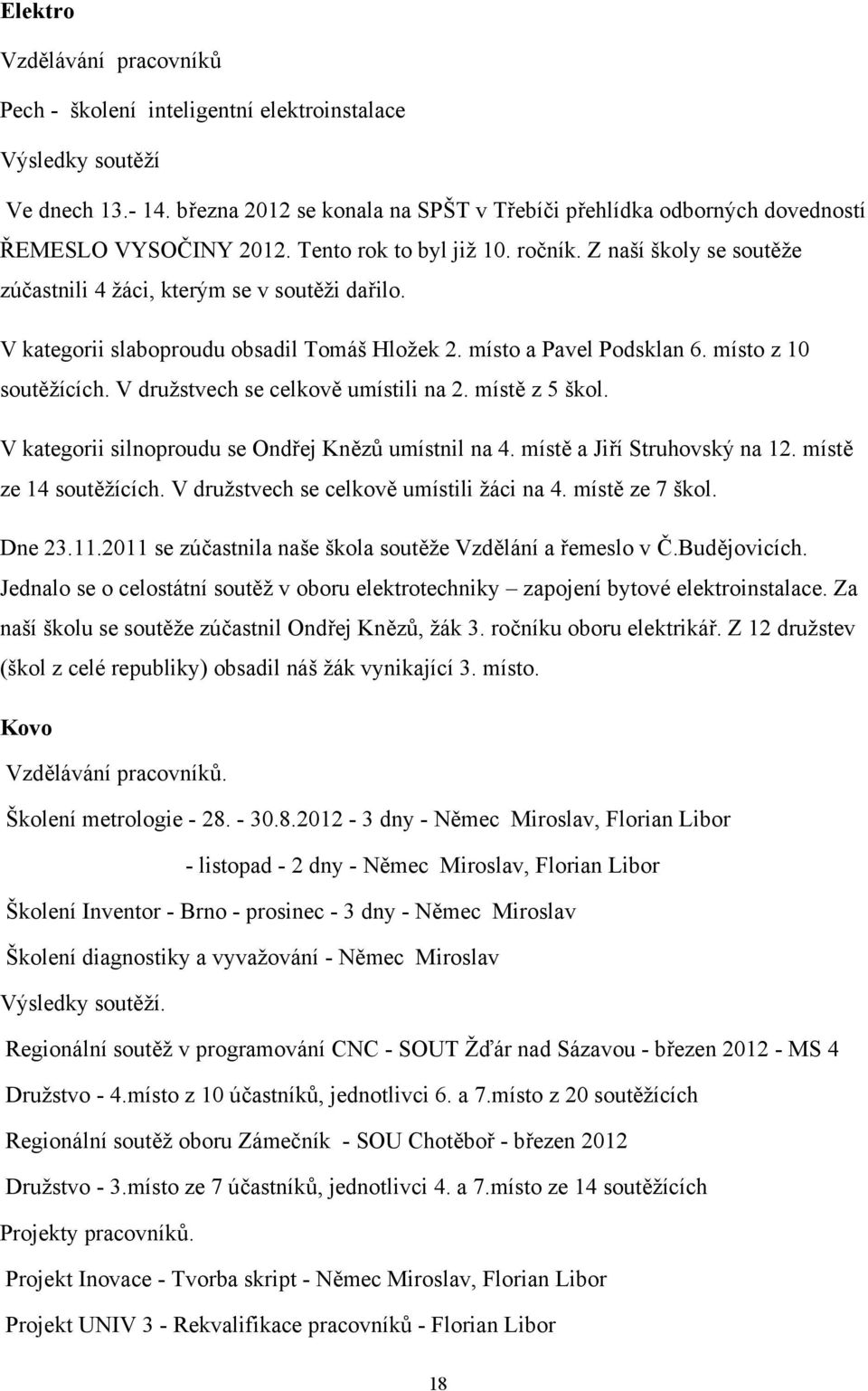 V kategorii slaboproudu obsadil Tomáš Hložek 2. místo a Pavel Podsklan 6. místo z 10 soutěžících. V družstvech se celkově umístili na 2. místě z 5 škol.