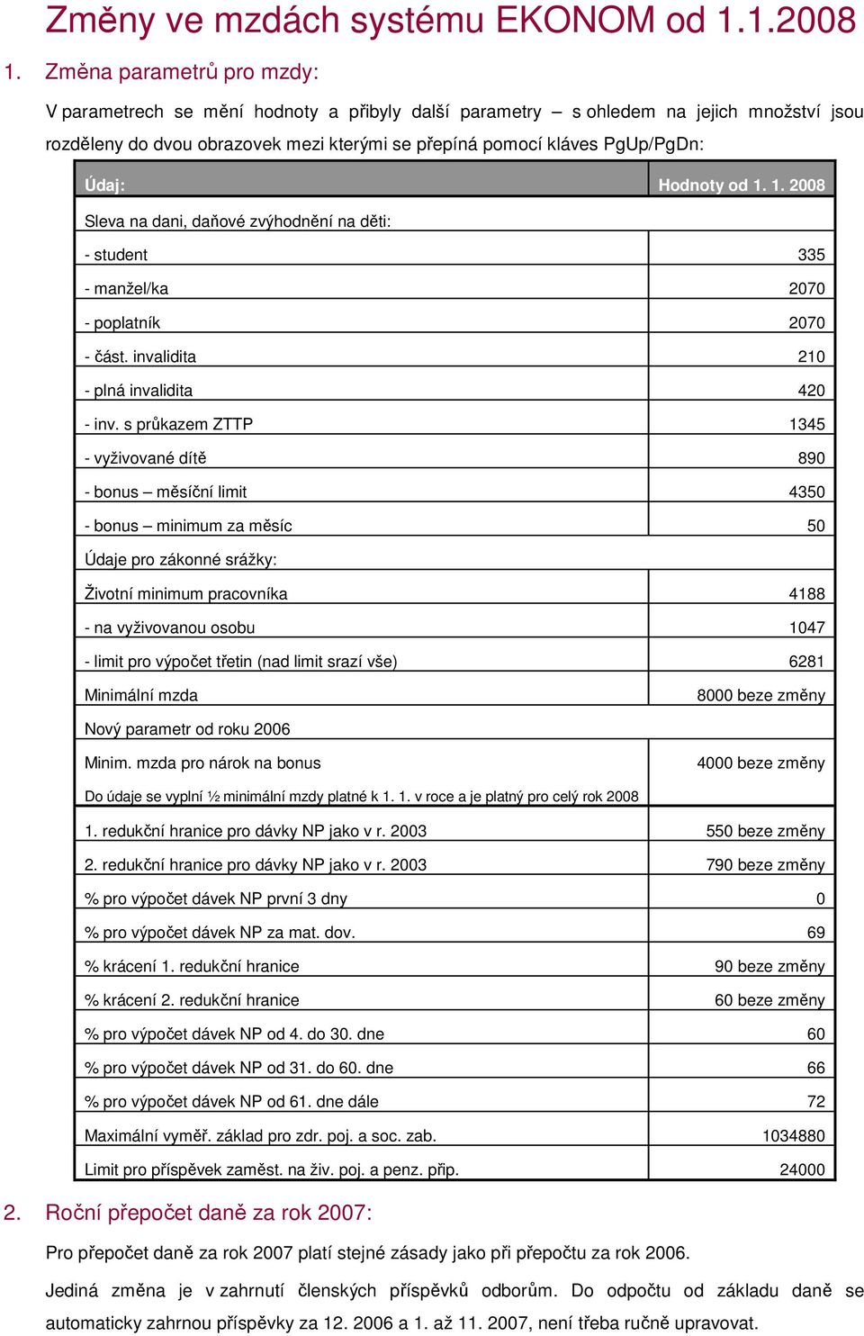 1. 2008 Sleva na dani, daňvé zvýhdnění na děti: - student 335 - manžel/ka 2070 - pplatník 2070 - část. invalidita 210 - plná invalidita 420 - inv.