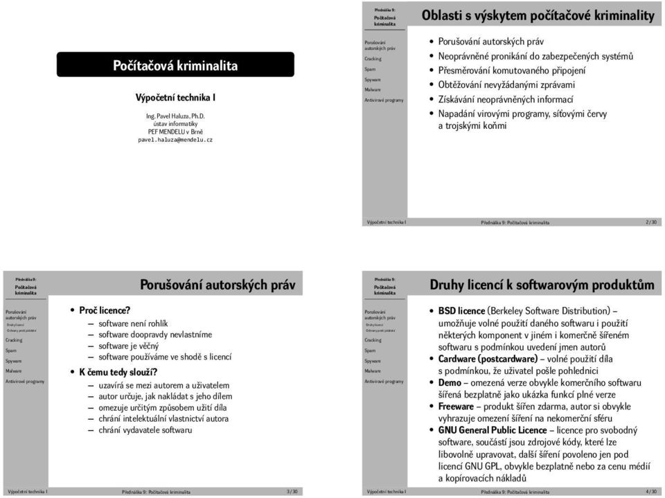 síťovými červy a trojskými koňmi Výpočetní technika I 2 / 30 Druhy licencí k softwarovým produktům Proč licence?