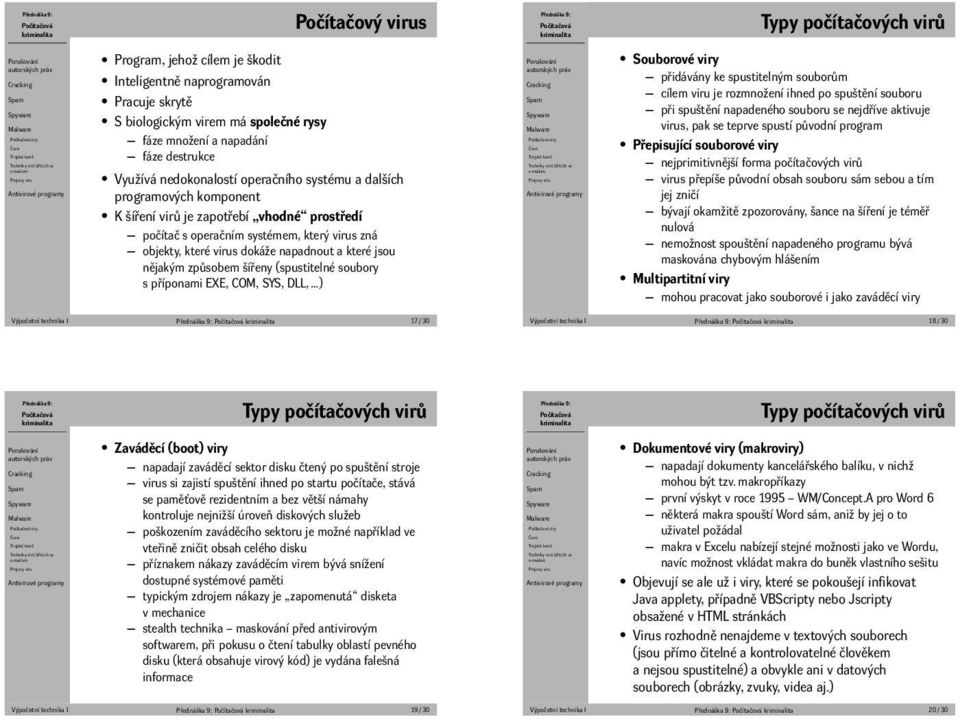 které jsou nějakým způsobem šířeny (spustitelné soubory s příponami EXE, COM, SYS, DLL, ) Výpočetní technika I 17 / 30 Souborové viry přidávány ke spustitelným souborům cílem viru je rozmnožení ihned