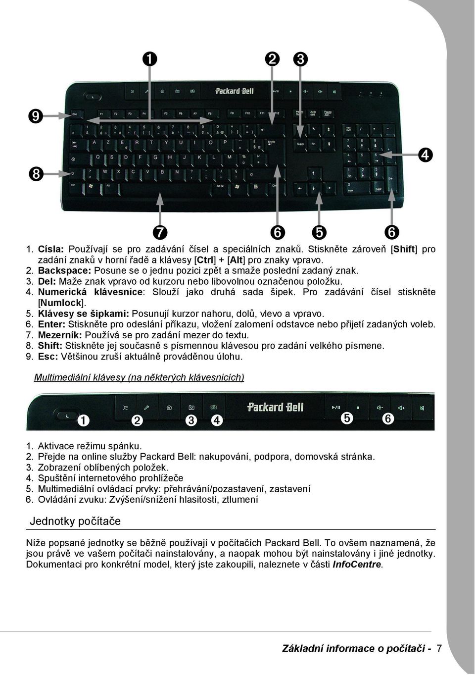 Pro zadávání čísel stiskněte [Numlock]. 5. Klávesy se šipkami: Posunují kurzor nahoru, dolů, vlevo a vpravo. 6.